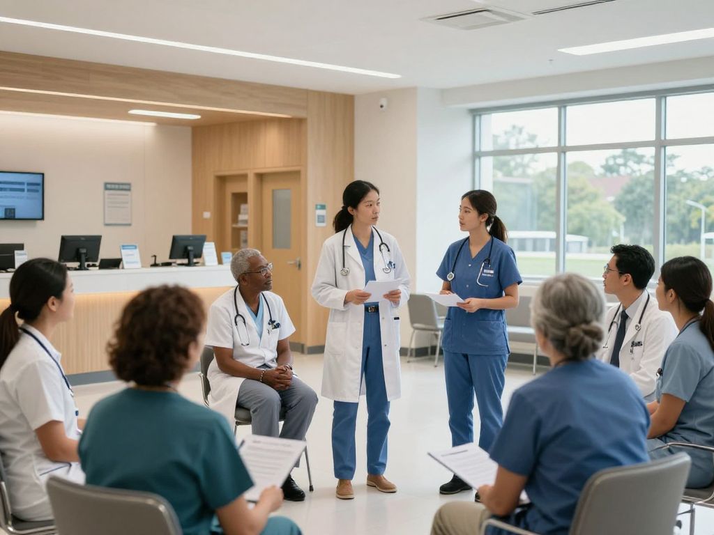Healthcare providers discussing strategies in a modern facility