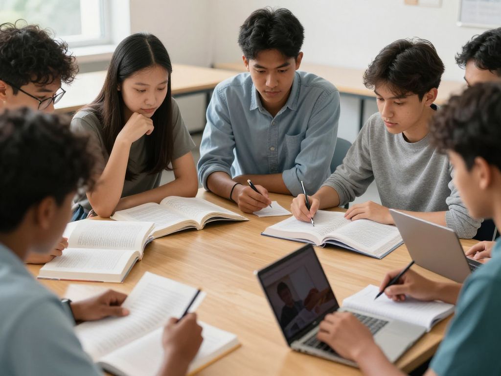 Students studying with textbooks and digital devices in a university setting
