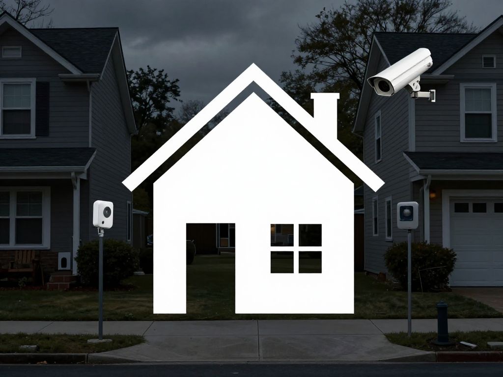 Illustration of a house with security measures in a dark setting