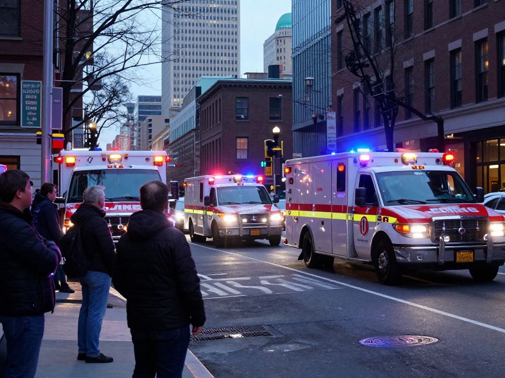 Emergency vehicles responding to a violent incident in Hyde Park, Boston.