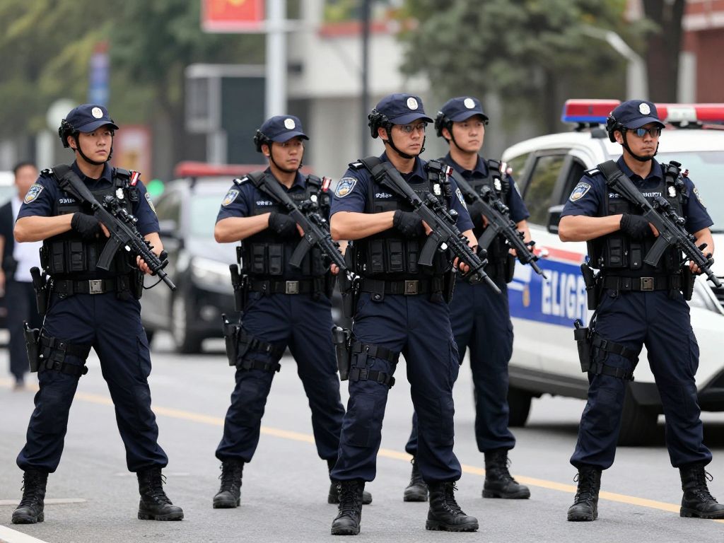 Law enforcement officers in action during a tactical operation in an urban setting.