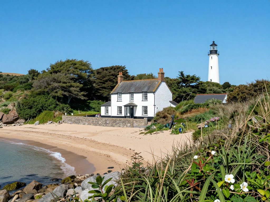 View of The Lighthouse Inn surrounded by beach and greenery.