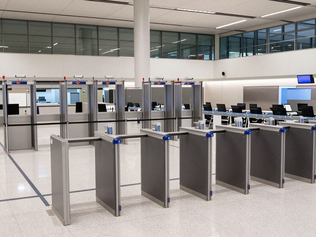 Empty TSA security checkpoint at Boston Logan International Airport, MA, during a period of funding uncertainty.