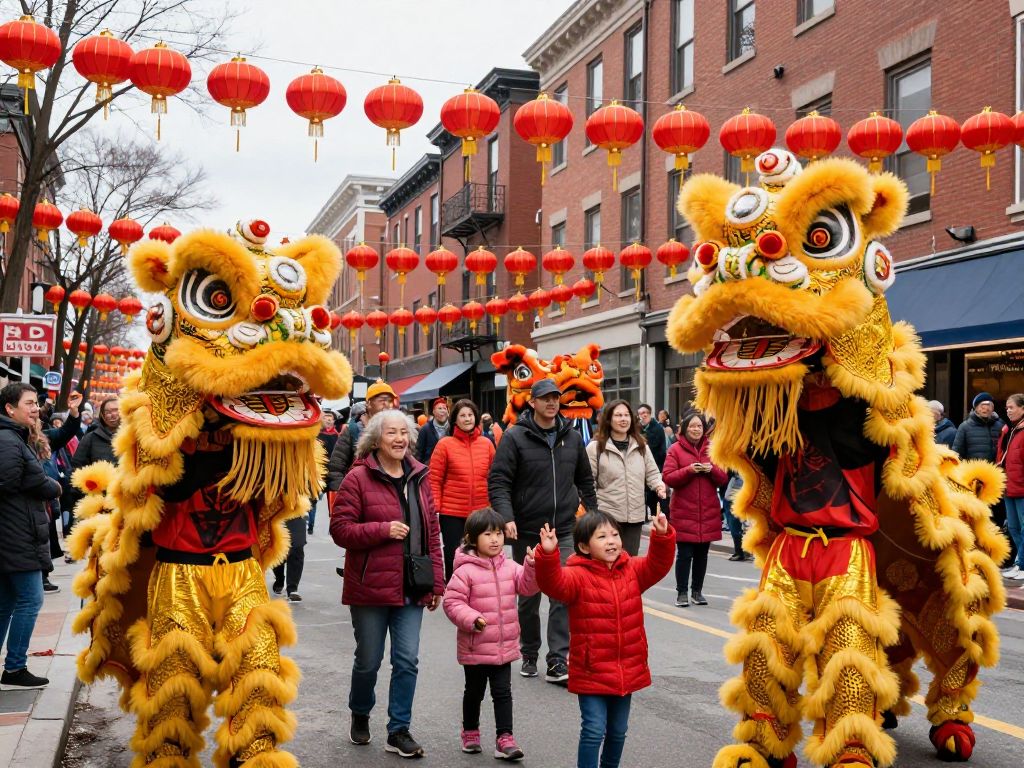 Families participating in Lunar New Year festivities in Boston's Chinatown