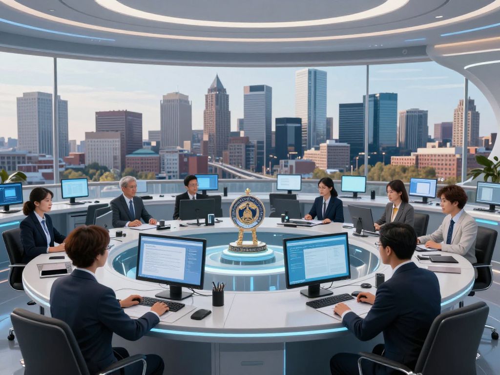 Boston skyline with AI technology integration in government office