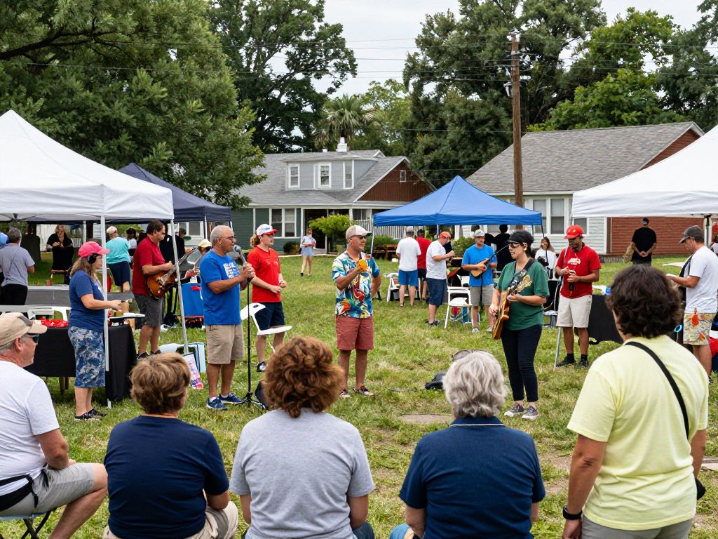 A vibrant community event in Massachusetts with attendees enjoying music and cultural performances.