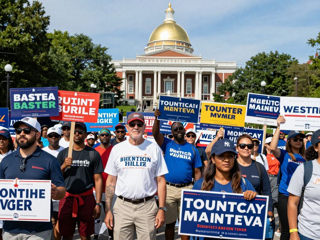 Vibrant political campaign scene in Massachusetts with diverse crowds and iconic landmarks.