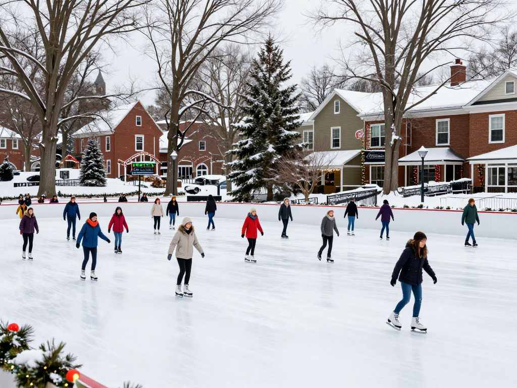 People skating on a Massachusetts outdoor ice rink surrounded by snowy trees and winter decorations.