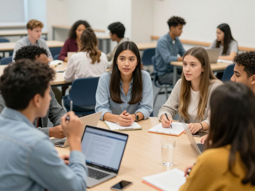 Diverse adult students collaborating in a college environment