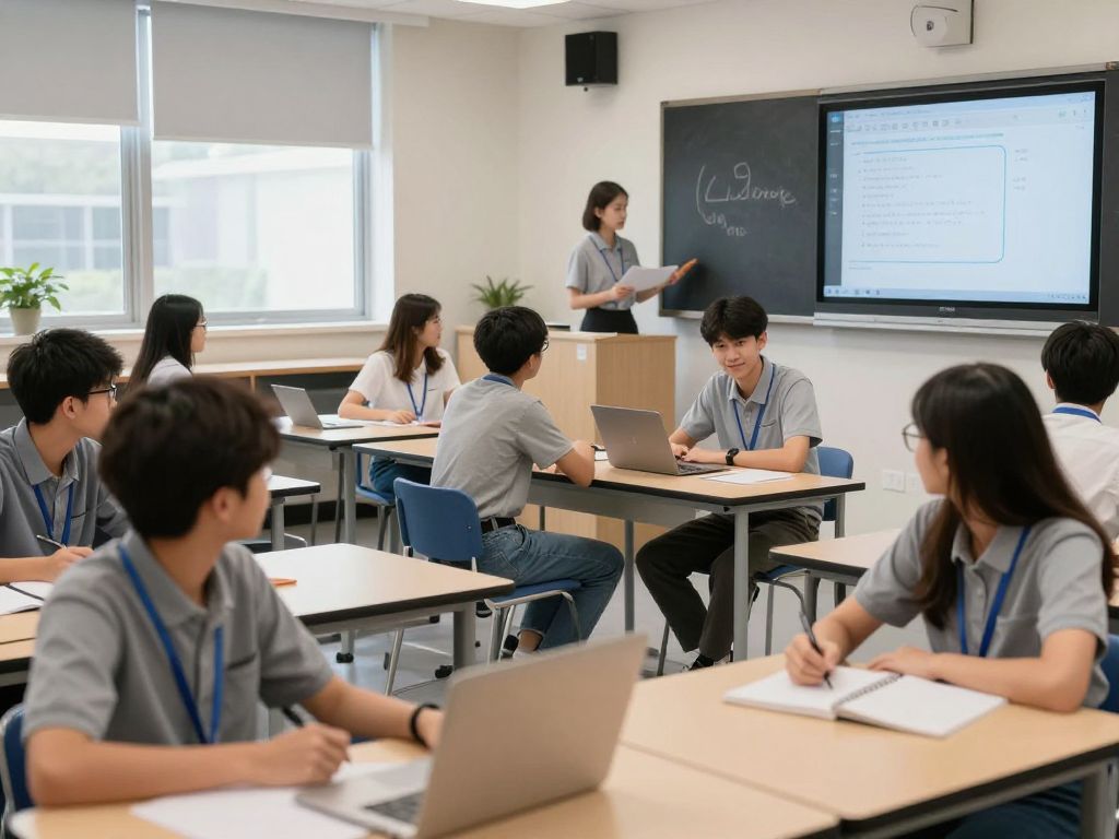 Students in a modern classroom discussing academic opportunities for three-year bachelor's degrees.