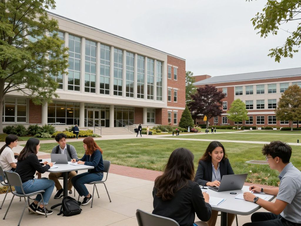 Students collaborating on a university campus in Massachusetts