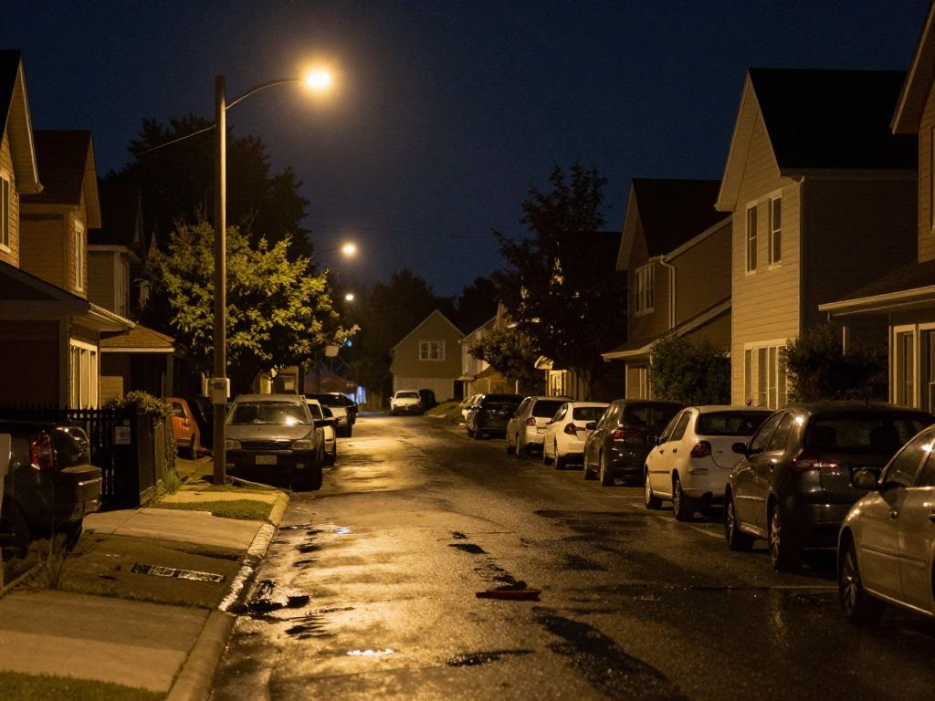 Quiet street scene in Mattapan at night