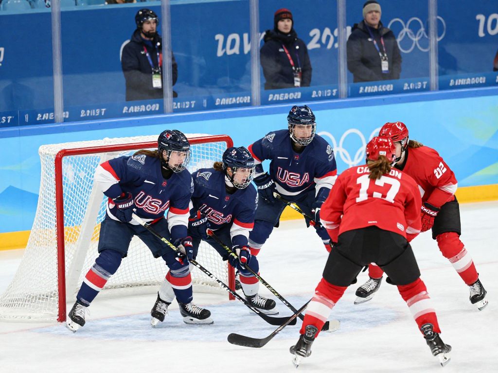 Ice hockey players in action near the goal during the 2026 Winter Olympics women's final game, with emphasis on the net and surrounding players.