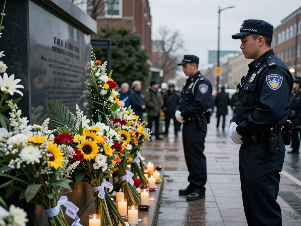 A memorial dedicated to a fallen police officer with flowers and candles.