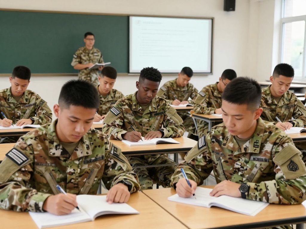 Active military members studying in a university classroom setting