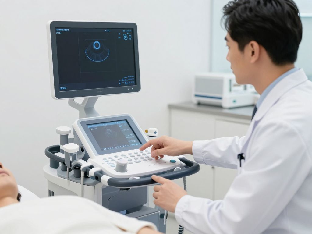 A healthcare professional using a miniaturized ultrasound system to examine a patient.