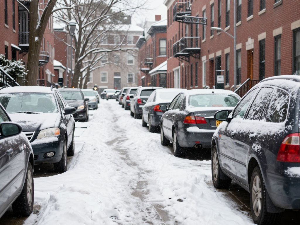 Snow-covered street in Dorchester used for parking