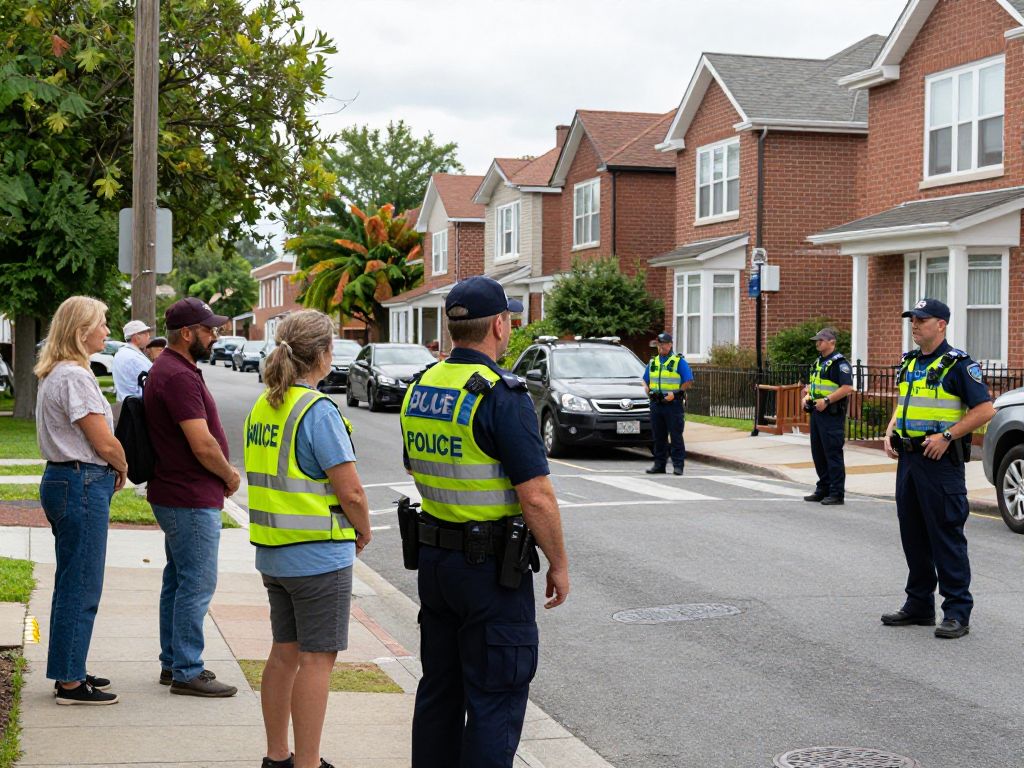 Police cars and officers visible on Falcon Street, East Boston.