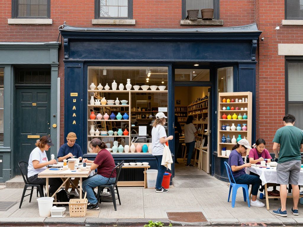 A colorful pottery studio in Boston's Newbury Street inviting community engagement.
