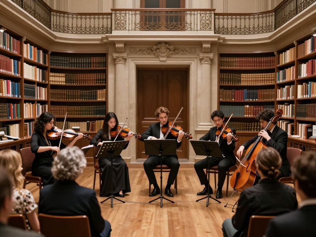Rasa String Quartet performing during a concert at Boston Public Library
