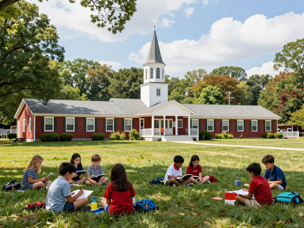 A rural school in Massachusetts surrounded by greenery and children engaged in outdoor activities.