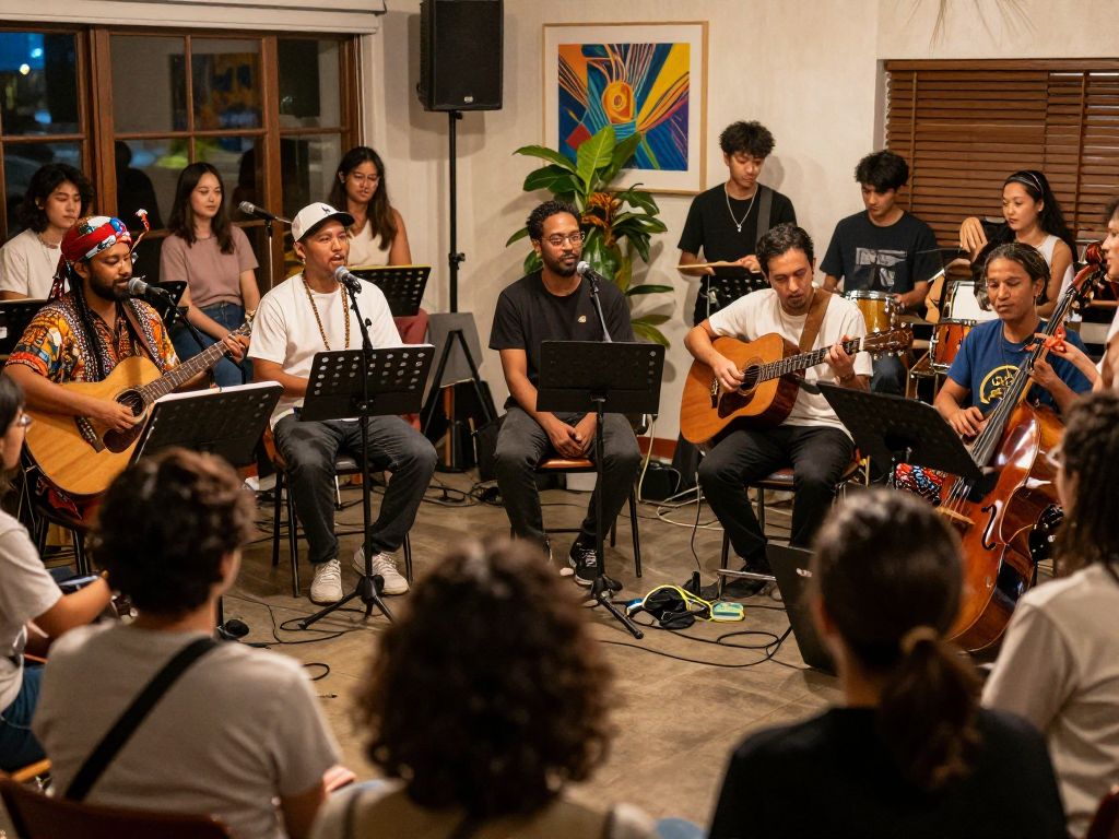 Community arts event at Spire Center featuring musicians and engaged audience