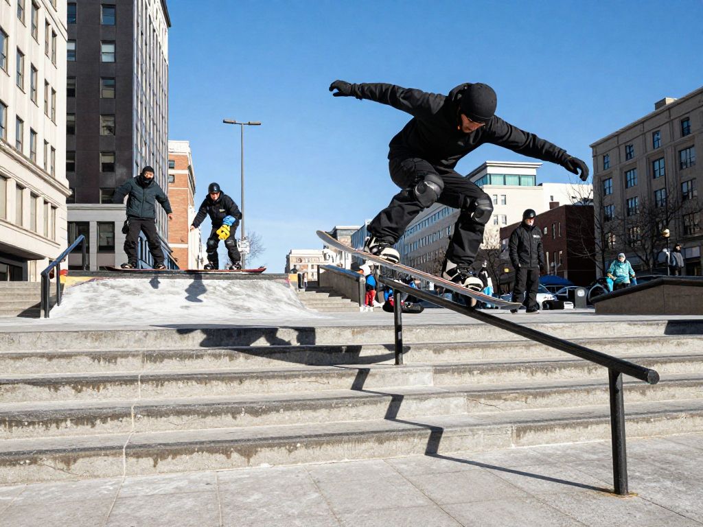 Athletes performing tricks on snowboards in an urban landscape