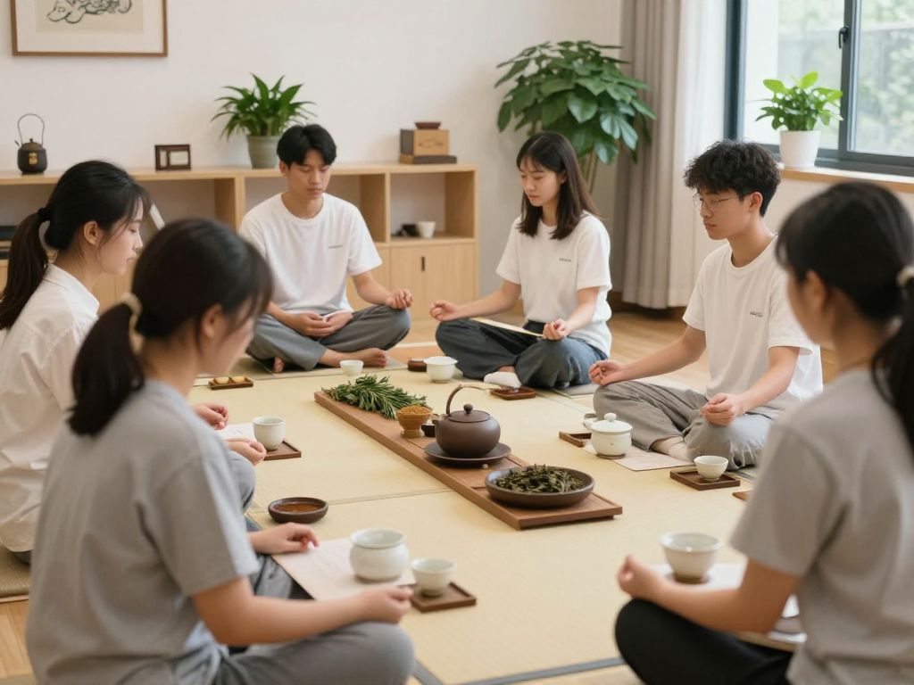 Students engaging in a mindfulness tea session at Boston University
