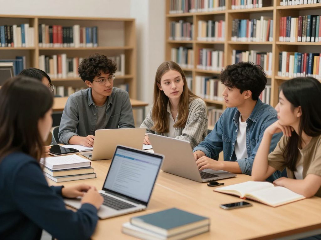 Diverse students participating in academic discussions at a university setting.