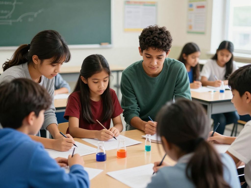 Students participating in a collaborative science learning activity in a classroom.