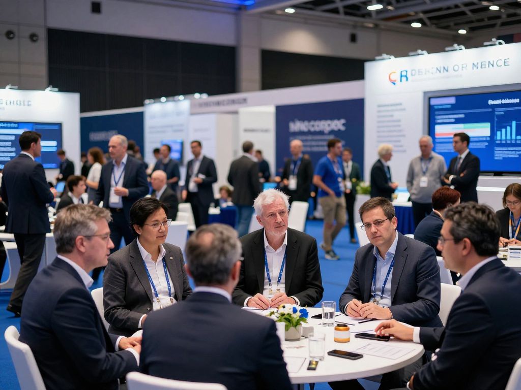 A busy conference with attendees discussing investment trends.