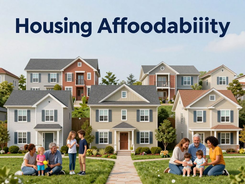 Families in front of residential buildings highlighting the need for affordable housing