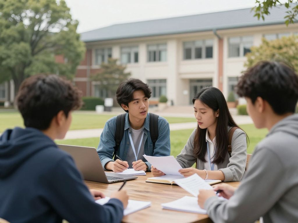 Students on the Tufts University campus discussing academic topics.