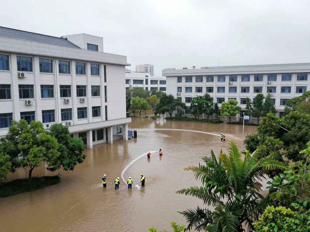 Emergency responders handling a water flood situation at UMass Boston