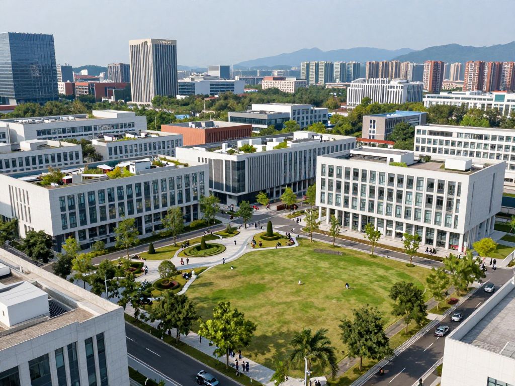 Modern urban landscape with university and community buildings.