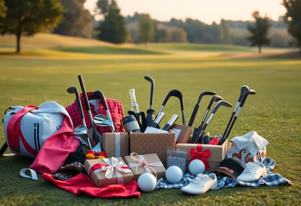 A variety of Valentine's Day golf gifts including golf clubs, apparel, and accessories displayed on a golf course.