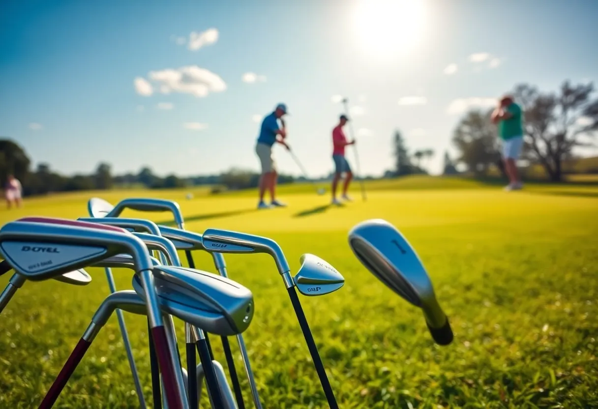 A collection of hybrid and utility iron golf clubs on a golf bag in a sunny golf course setting.
