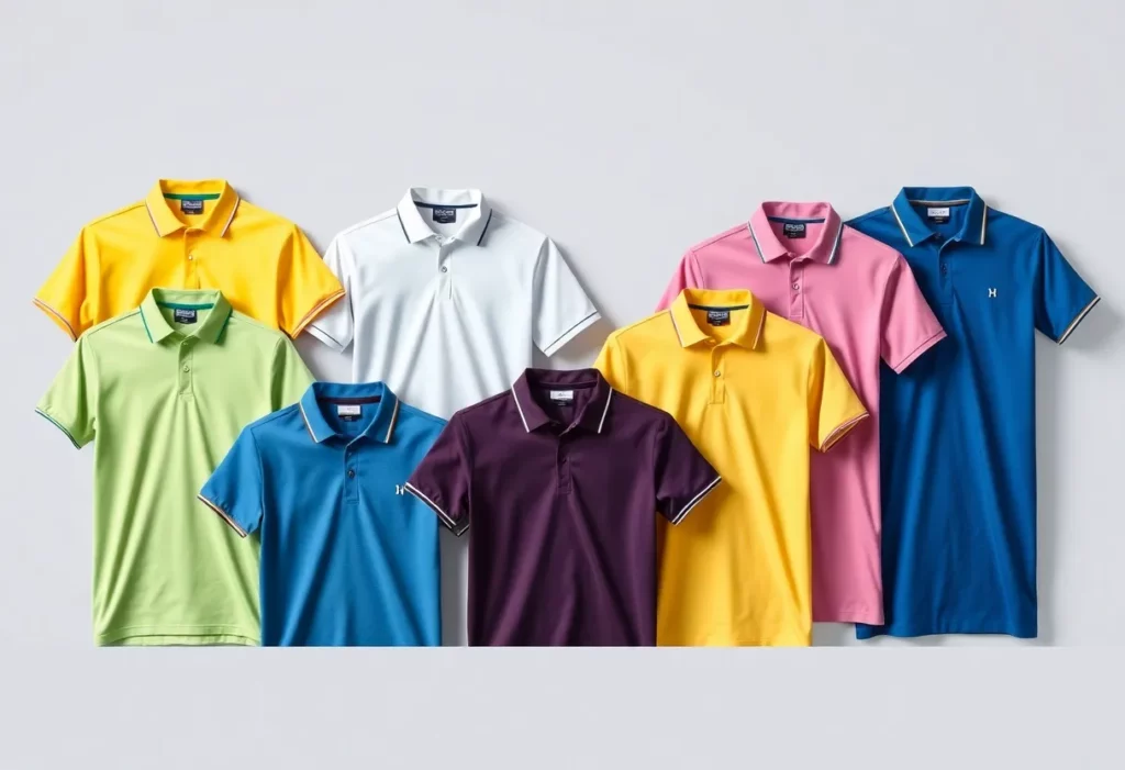 A variety of golf polo shirts in different colors and styles