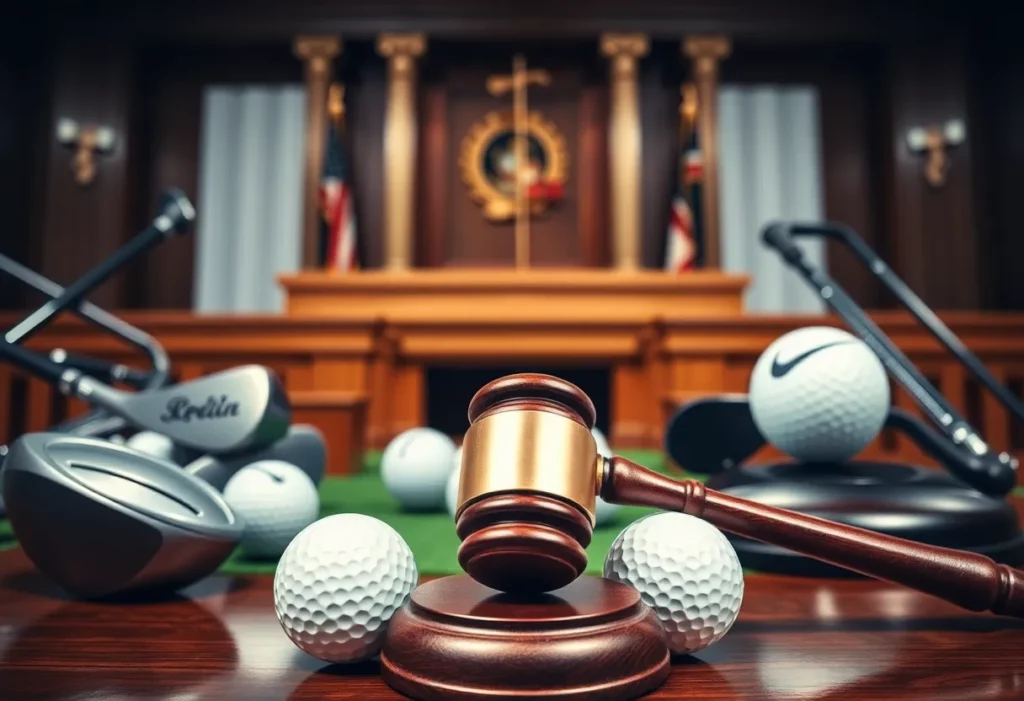 Courtroom scene representing the legal battle between TaylorMade and Callaway.