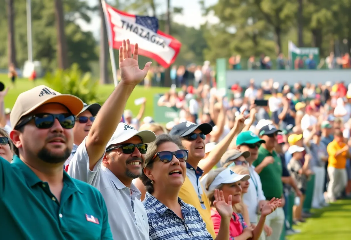 Augusta National Golf Club in full bloom with players during the Masters tournament.