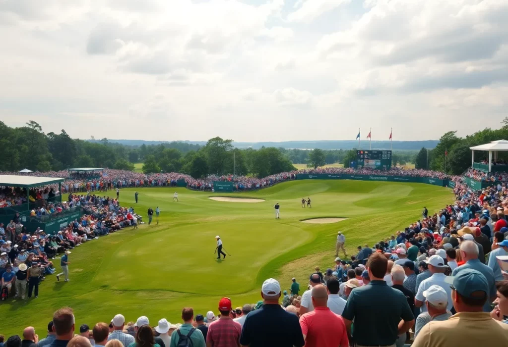 A scenic view of Augusta National Golf Club during the Masters Tournament, showcasing green fairways and beautiful landscaping.