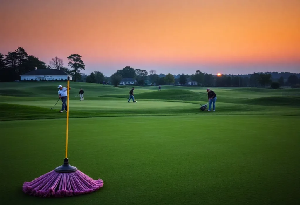 Maintenance workers at Augusta National under evening lights