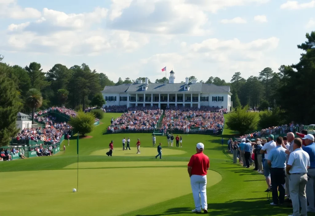 Aerial view of Augusta National Golf Club with spectators at The Masters Tournament