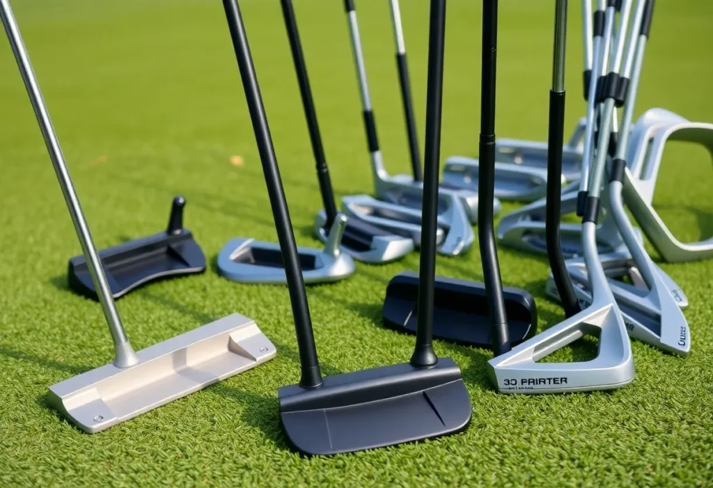 Innovative 3D-printed golf clubs displayed on a golf course.