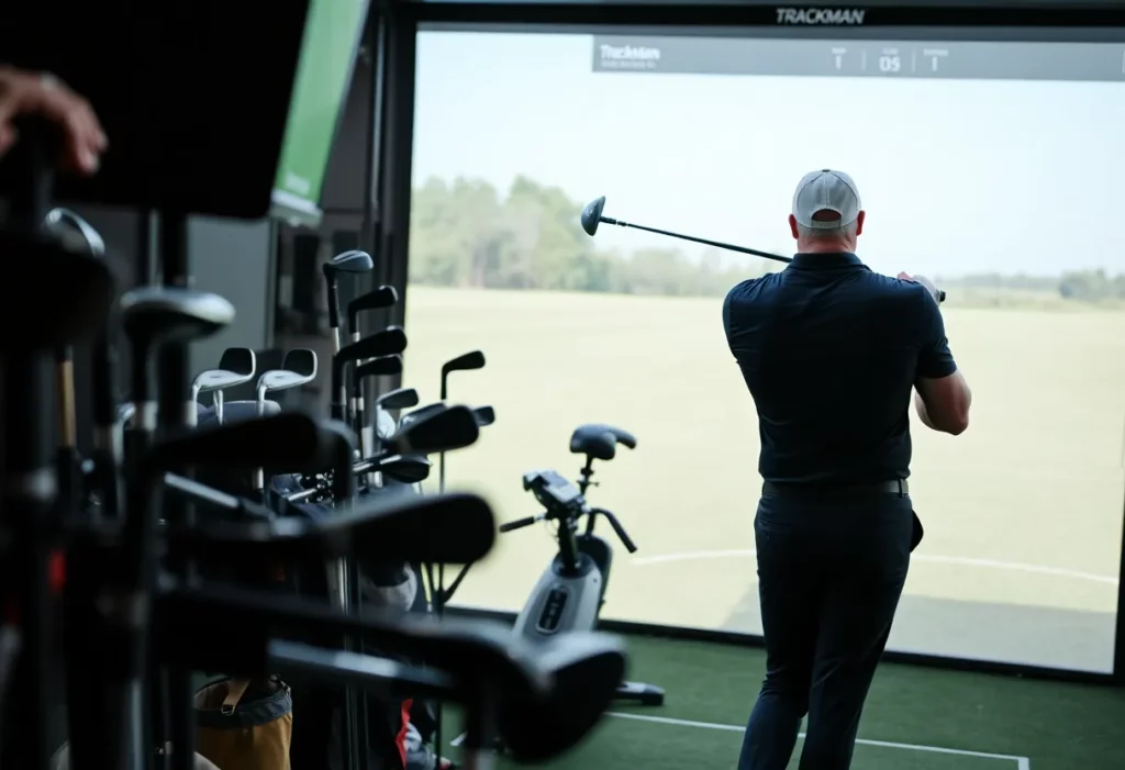 A golfer being fitted for clubs in a state-of-the-art fitting studio
