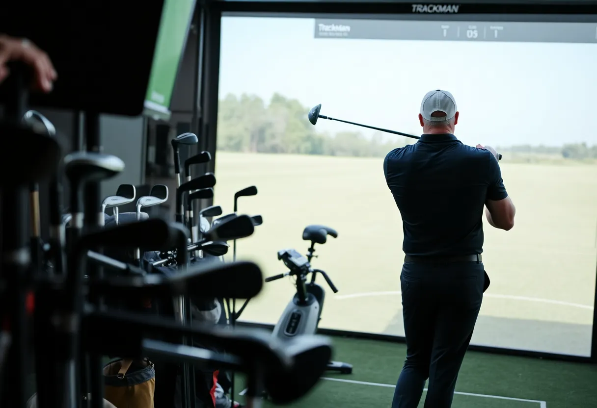 A golfer being fitted for clubs in a state-of-the-art fitting studio