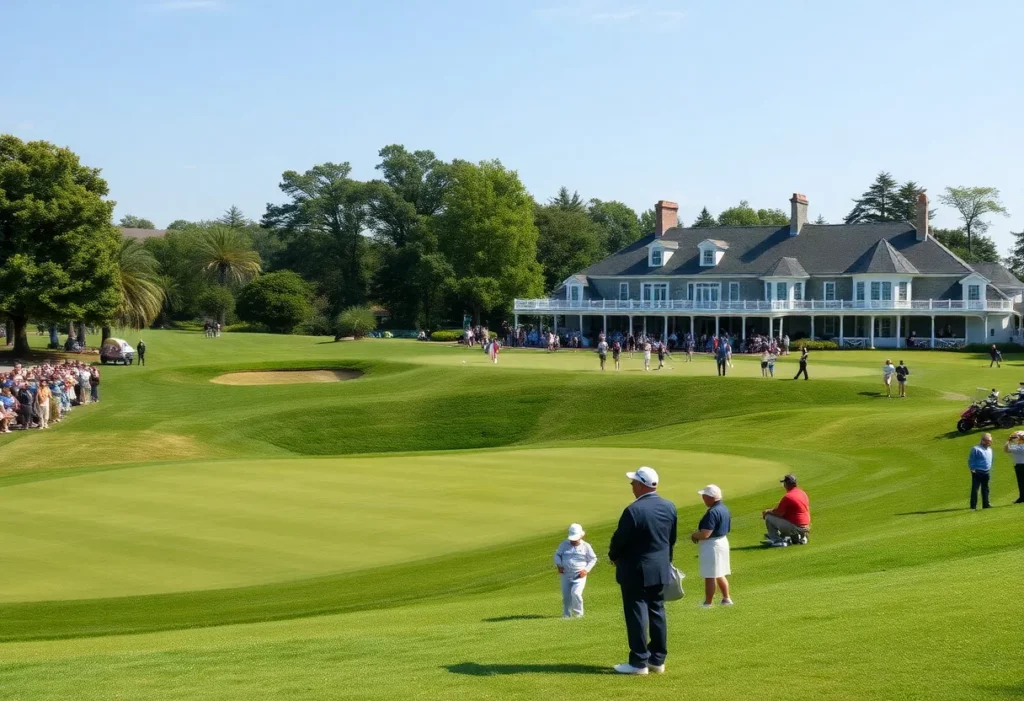 A view of the Masters Golf Tournament with lush greens and spectators.