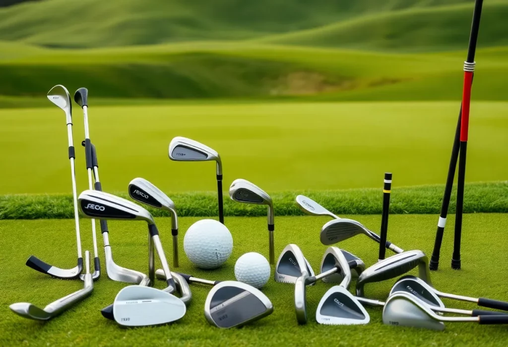 A variety of innovative golf clubs and equipment displayed on green grass.